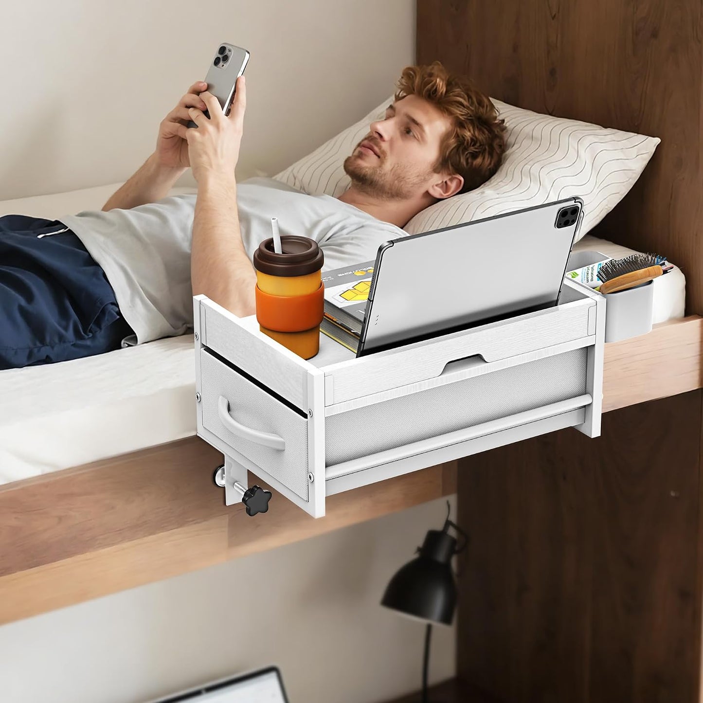 Bedside Shelf for Dorm Room, 2 Tier On Bed Side Table Loft Shelf for Bunk Bed, Bedside Tray with Cable Management, Under Mattress Bedside Shelf, Back to School