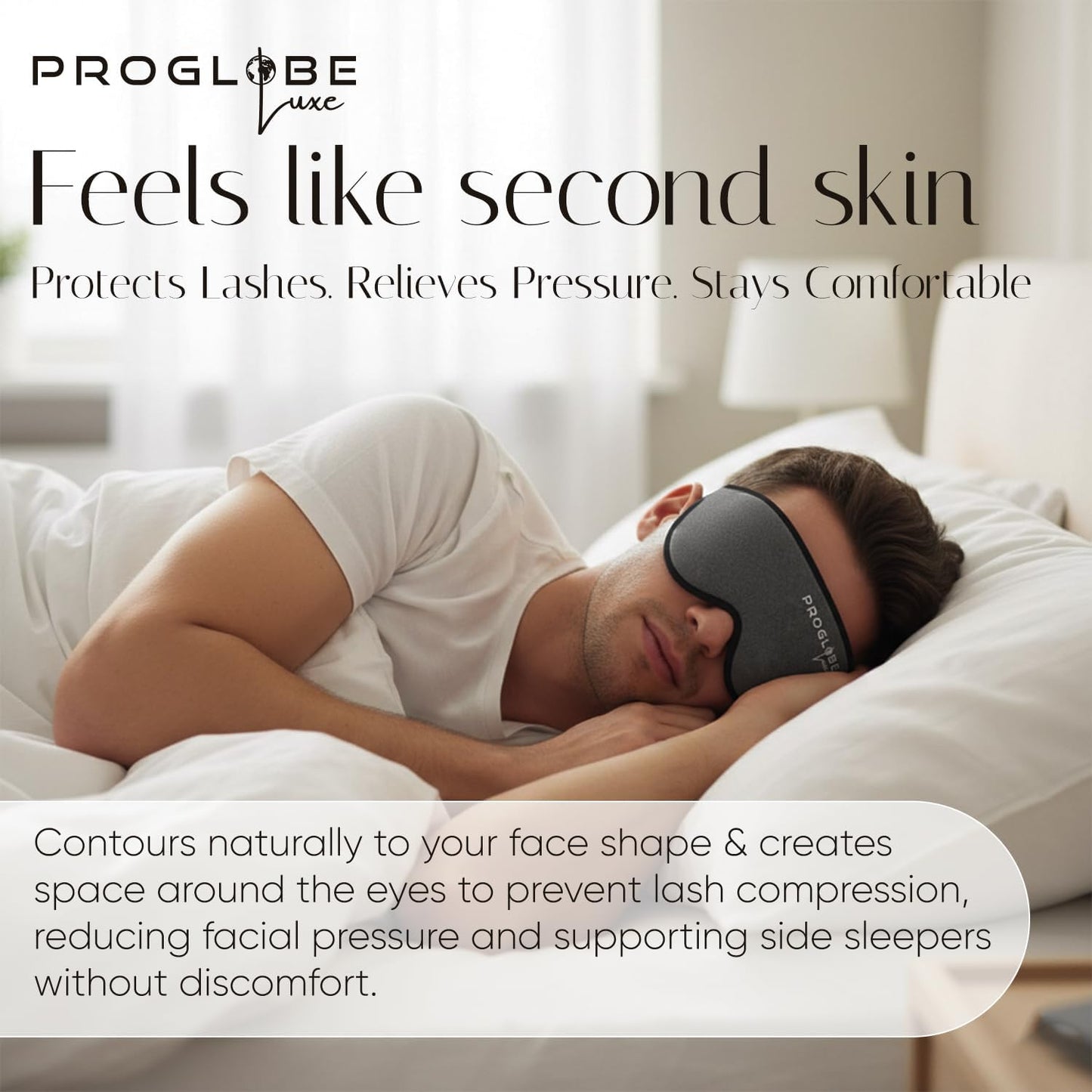 Proglobe Luxe Luxury Sleep Mask for Back & Side Sleepers, 100% Light Blocking 3D Eye Mask with Zero Pressure Eye Cups, Lash-Friendly, Soft Breathable Night Mask for Travel & Naps, Black