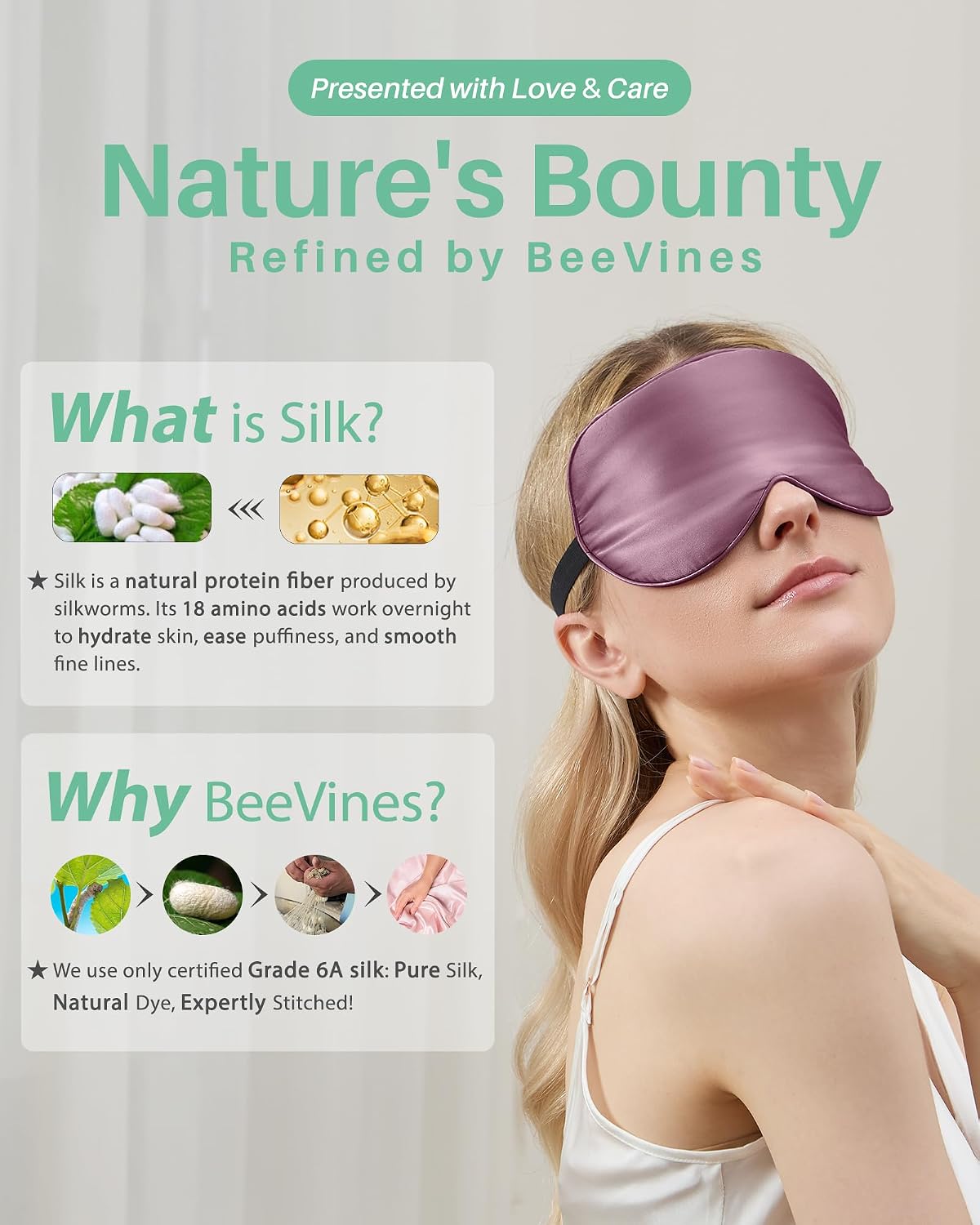 BeeVines 100% Mulberry Silk Sleep Mask, Light Blocking Eye Masks (2 Packs)