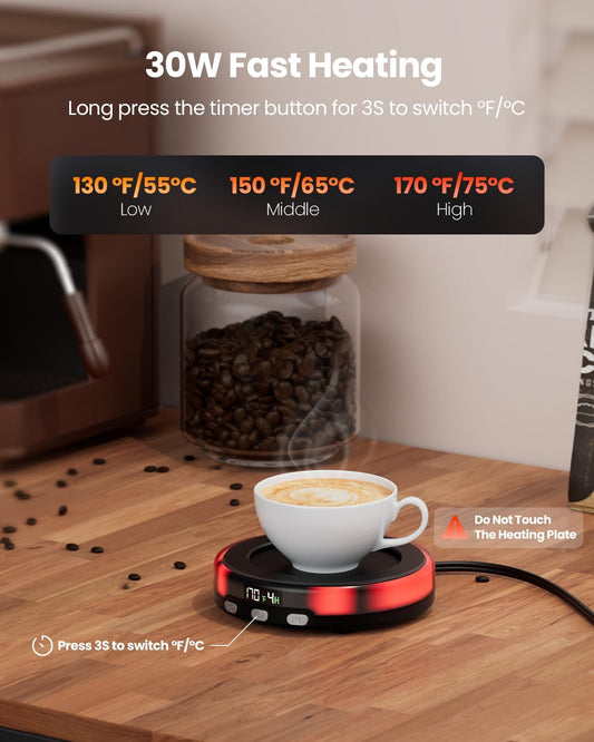 Gaiatop Coffee Mug Warmer for Desk, Beverage Heating Plate -Wood | 3 Temp Settings, 2-9Hrs Timer, 3 Color Light, Digital Display, Stocking Stuffers, for Candle Tea Milk