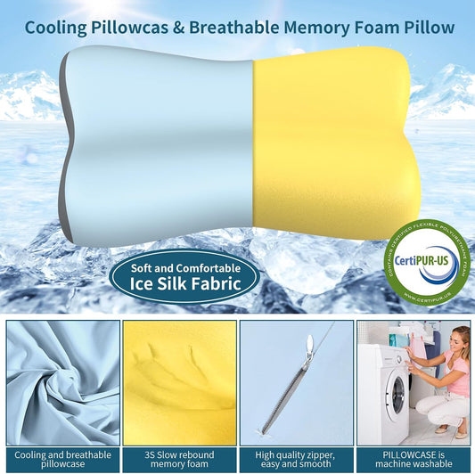 Cervical Neck Pillow for Pain Relief, Contour Memory Foam Pillows for Sleeping, Ergonomic Pillow Orthopedic Cooling Pillow Bed Pillow Neck Support for Side Back Stomach Sleepers(White&Blue)