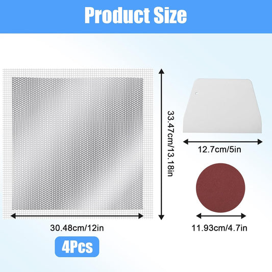 4 Pcs 12 Inch Drywall Repair Kit Self Adhesive Mesh Drywall Repair Patch Set with Scraper Heavy Duty Metal Dry Hole Patch Tools for Large Holes Wall Ceiling Tool(Scraper and 2 Pcs Sandpaper)