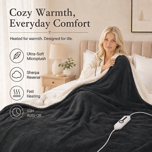 Electric Heated Blanket Full Size 72"x84" – Light Gray | ETL for Safe Overnight, 4 Heat Settings & 10H Auto Off, Dual-Sided Microplush Sherpa for Home Night, Machine washable