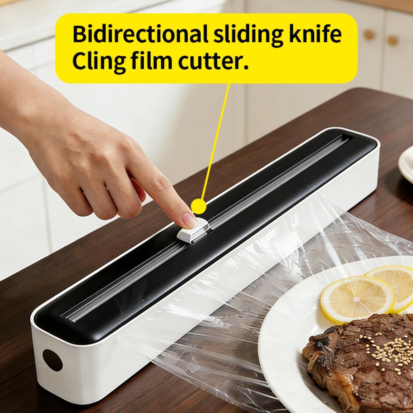 Plastic Wrap Dispenser with Slide Cutter, Cling Film Dispenser with Safe Hidden Blade, Easy Refill Food Wrap Holder Fits 12 Inch Standard Rolls, Countertop Kitchen Wrap Organizer