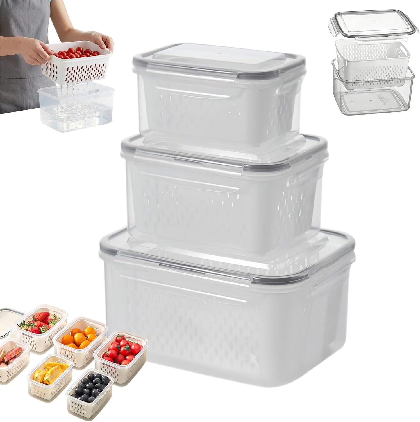 Fruit Storage Containers for Fridge, 4 in 1 Food Storage Container with Removable Colander, Airtight Produce Saver, Stackable Fridge Organizer for Wash, Drain & Store (Gray, S)