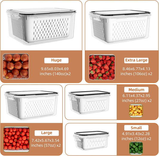 KEMETHY 10 Pack Fruit Storage Containers for Fridge with Removable Colanders - Food Storage Containers with Lids, BPA-Free Produce Containers Keep Fruits, Vegetables, Berry, Meat Fresh Longer