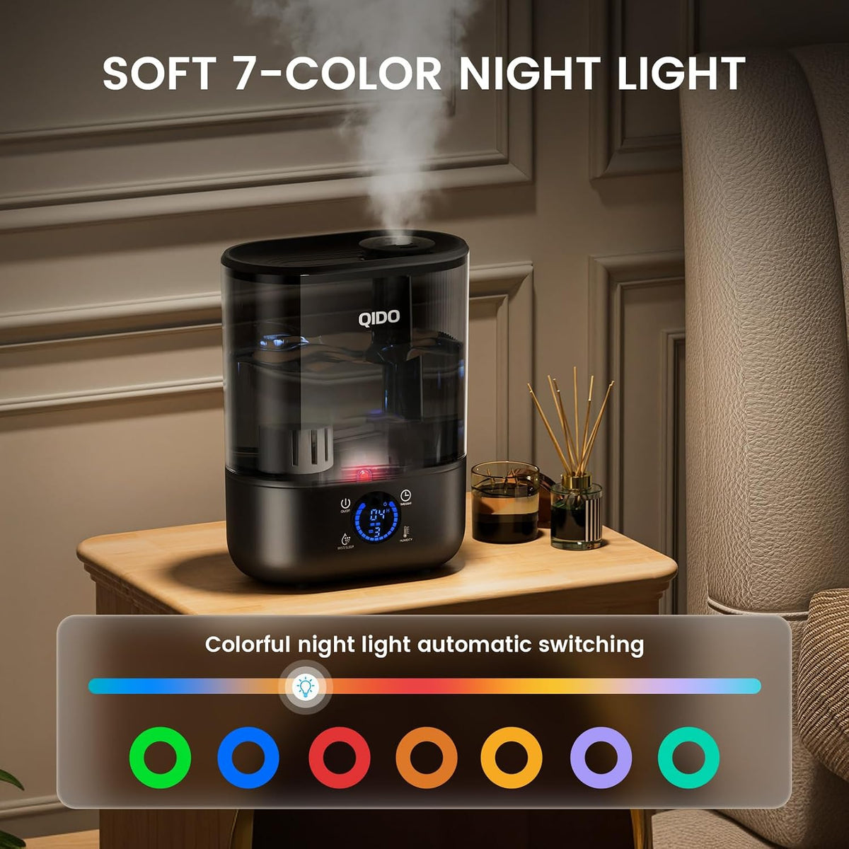QIDO Top Fill Humidifiers for Bedroom, 5 L Cool Mist 36H Super Long Time, Quiet 28dB Essential Oil Diffuser for Baby & Plants, 3 Adjustable Mist with Touch/APP/7-color Nightlight, Auto Shut-off, White