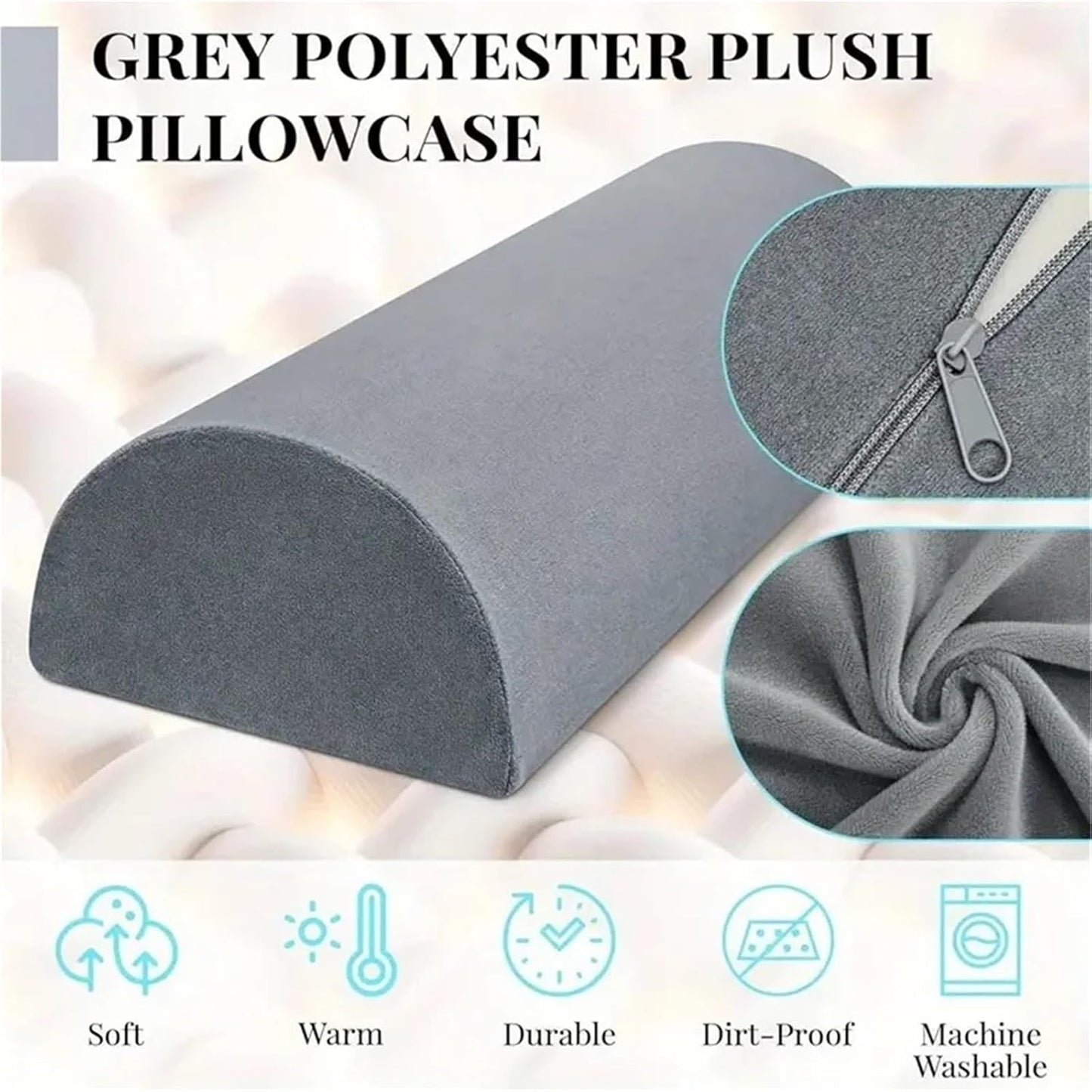 Half Moon Bolster Pillow, Gray, Memory Foam, 16.1x7x3.9 Inches, Semi-Roll Knee Support for Leg Elevation, Back Lumbar Neck Relief, Washable Cover