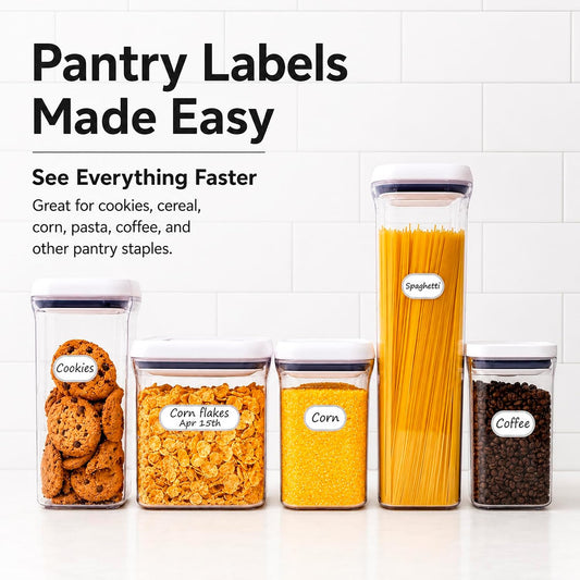 Waterproof Kitchen Labels for OXO POP Containers, 64-Pack, 2 Sizes | Removable Writable Food Storage Stickers, Tear-Resistant Pantry Organization Decals for Plastic and Glass Jars