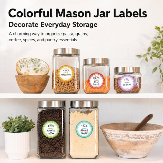 2" Mason Jar Canning Labels, 9 Colors, Microwave/Freezer Safe, 90 | Waterproof, removable stickers for glass or plastic. Easy to write on and removes with zero sticky residue.