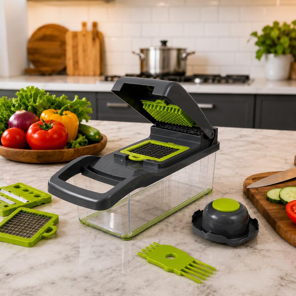15-in-1 Vegetable Chopper and Mandoline Slicer, Onion Dicer with 8 Interchangeable Stainless Steel Blades, Food Container, Drain Basket, Safety Holder and Cleaning Tool for Fruits and Vegetables