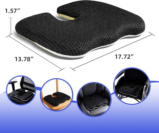 Gooo&Ma Air Fiber Seat Cushion, U-Shape Tailbone Comfort, Black | Thin design for office/car, breathable air fiber cooling, ergonomic, washable, non-slip, portable, 17.7"x13.8"x1.6"
