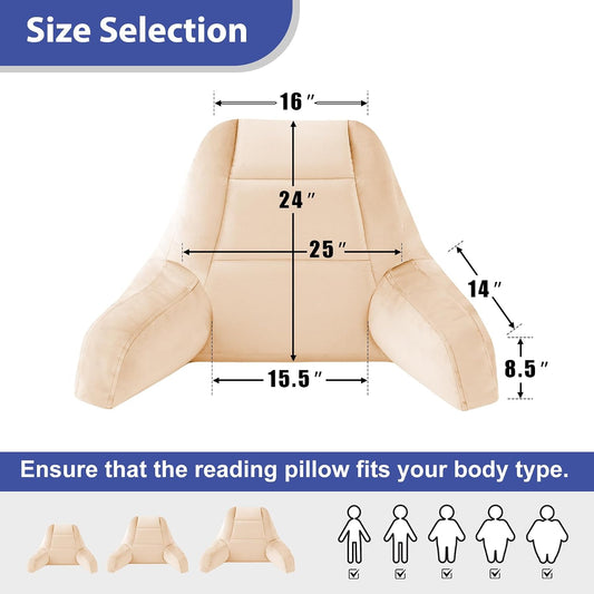 IASEAHK Reading Pillows for Sitting in Bed Adult, Back Pillow for Bed Sitting Up, Backrest Pillows with Shredded Foam for Adult&Teens, Support Pillow with Arms for Beds, Couch, Floor, 24in, Beige