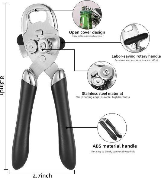 Can Opener Manual Tin Opener Stainless Steel Heavy Duty, Oversized Hand-held Easy Rotary Knob, Safe Cut Manual Can Opener with Non-Slip Handle, Smoother Cut Sharp Blade for Seniors Kitchen Tool, Black