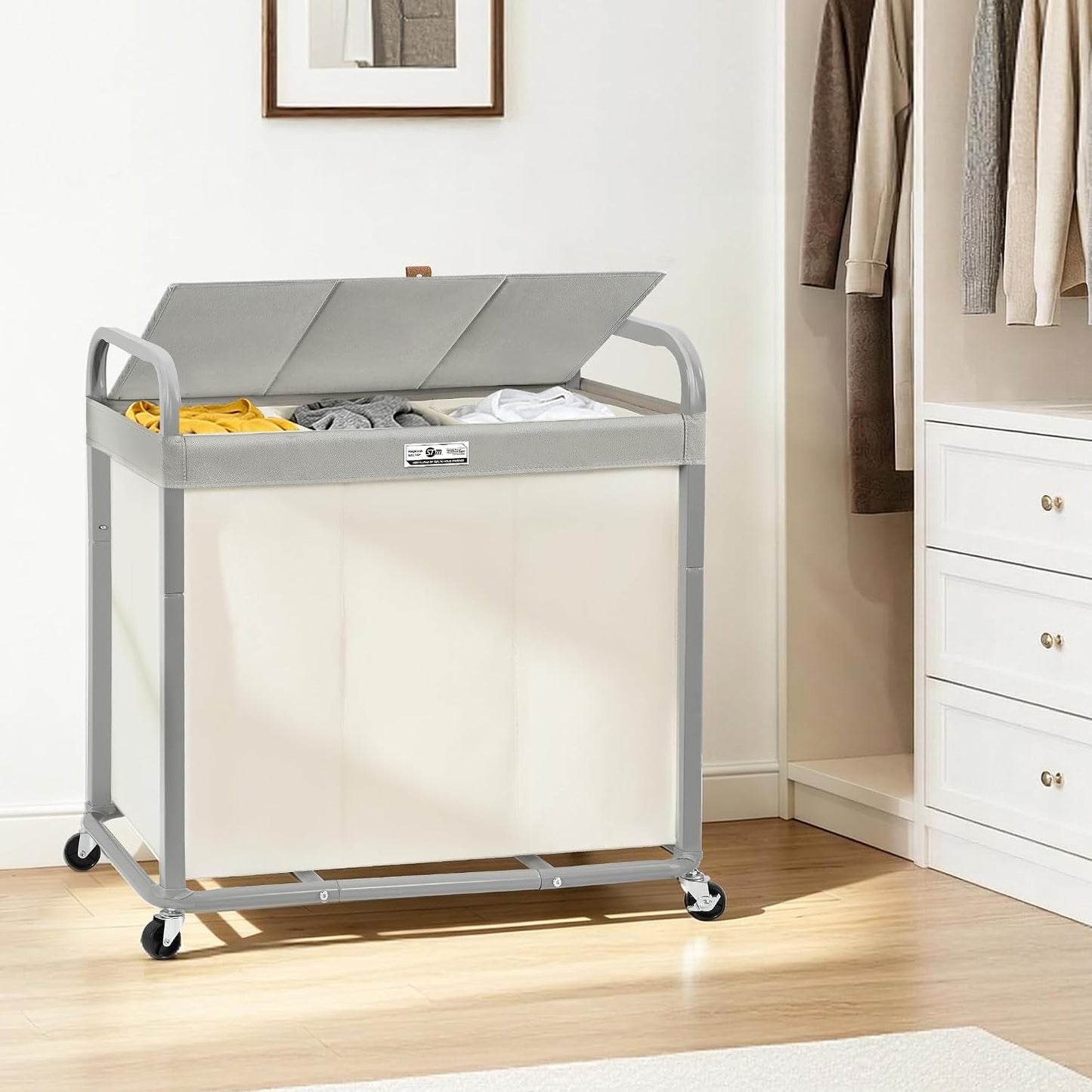 STORAGE MANIAC Laundry Hamper 3 Section with Lid Rolling Laundry Basket | 230L Laundry Sorter Cart 3 Compartment Clothes Hamper on Wheels Metal Handle Oxford Removable Bag Laundry Room Bedroom Beige