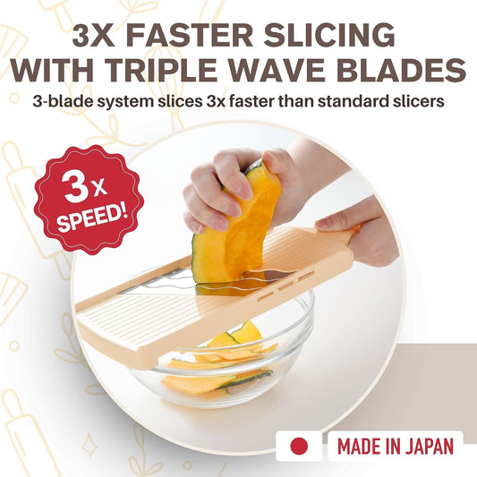Arnest Japanese Cabbage Slicer Mandoline, 3-Blade Triple Wave Ultra-Thin Shredder for Tonkatsu-Style Slaw, Stainless Steel Wave Blades, Safety Holder, Easy-Rinse Clean, Compact Beige, Made in Japan