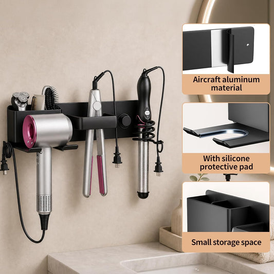 No-Drill Hair Dryer Holder Wall Mount with Storage Compartment for Bathroom | 4-in-1 Hair Tool Organizer, Blow Dryer Holder, Curler & Styler, Aluminum, Cable Mgmt, Space-Saving. Ideal for Bedroom, Salon