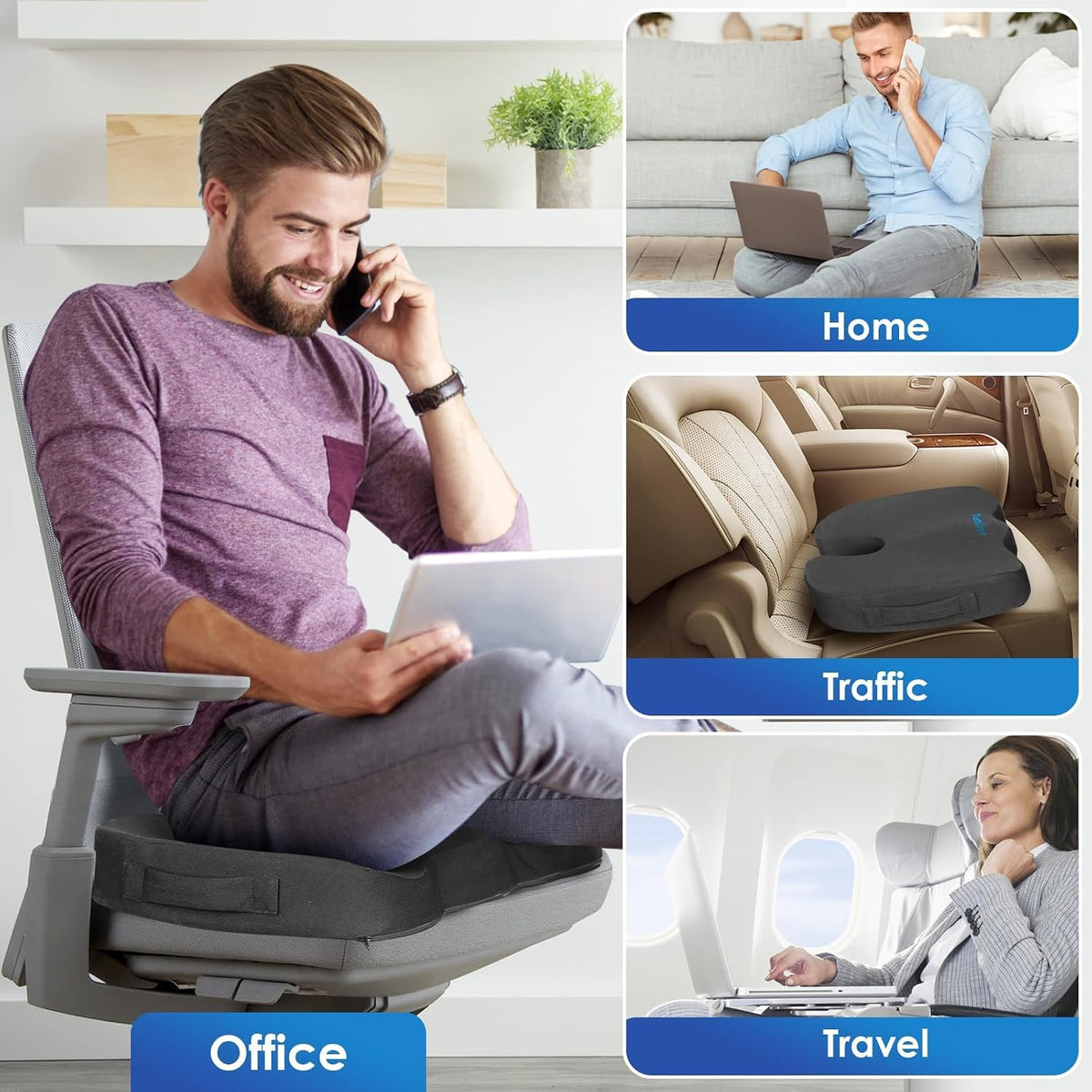 TushGuard Seat Cushion for Office Chair, Car, Memory Foam, Black Large