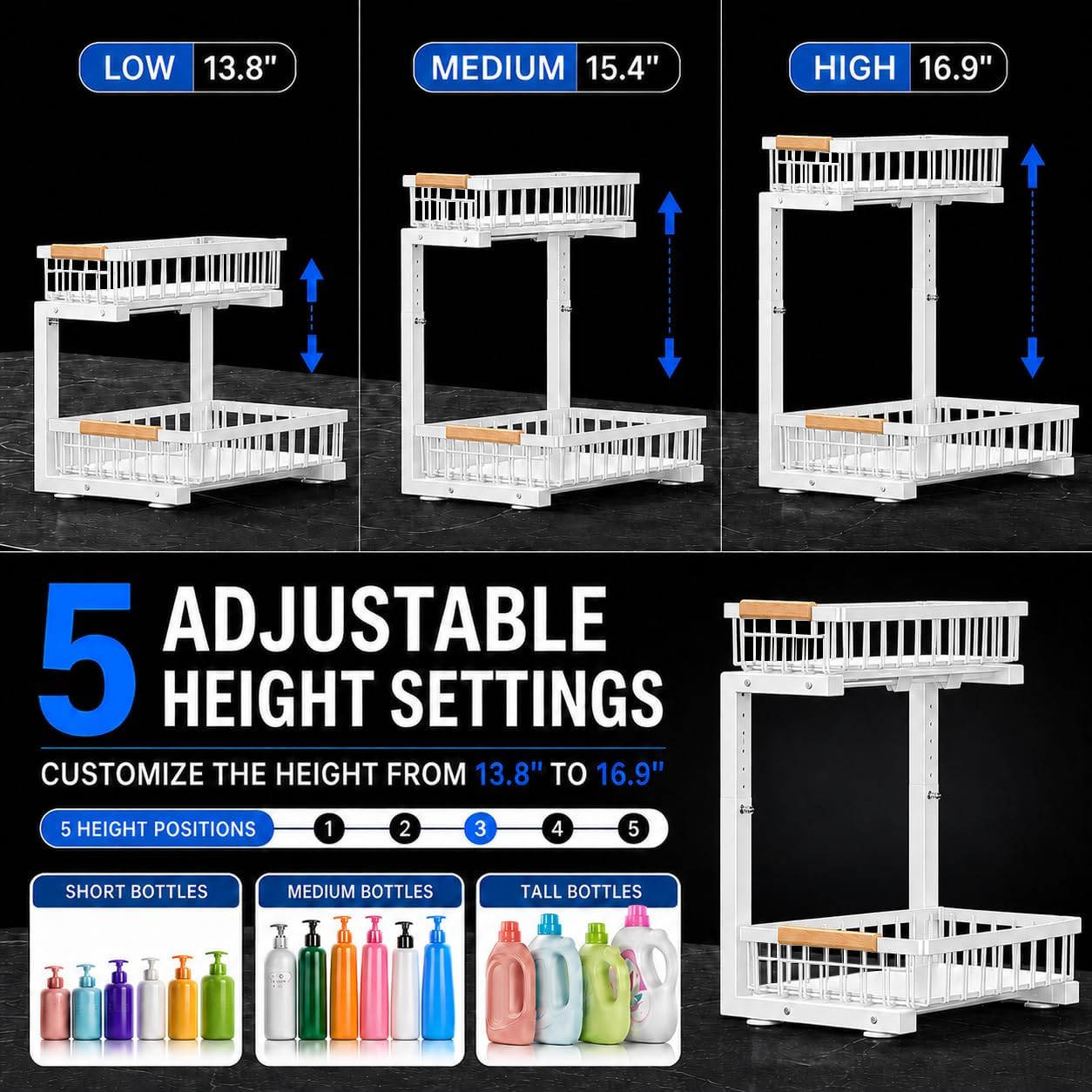 Under Sink Organizer 2 Pack, Double Slide Out Metal Shelf, Black | Pull Out Kitchen Storage Cabinet Organizer, 2-Tier Under Sink Storage Rack for Bathroom Laundry Kitchen Storage with Drawer