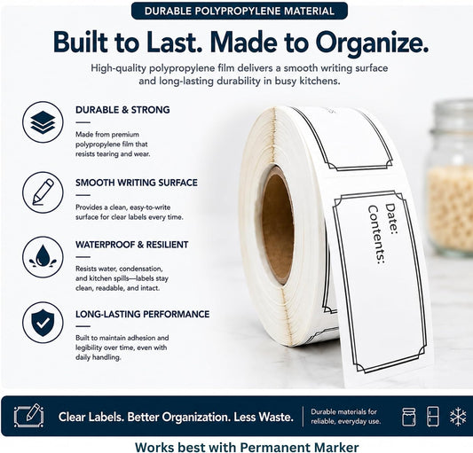 Pantry Labels for Containers, Waterproof Date & Contents Food Labels, 1" x 2" (25.4 x 50.8mm), 500/Roll, Writable