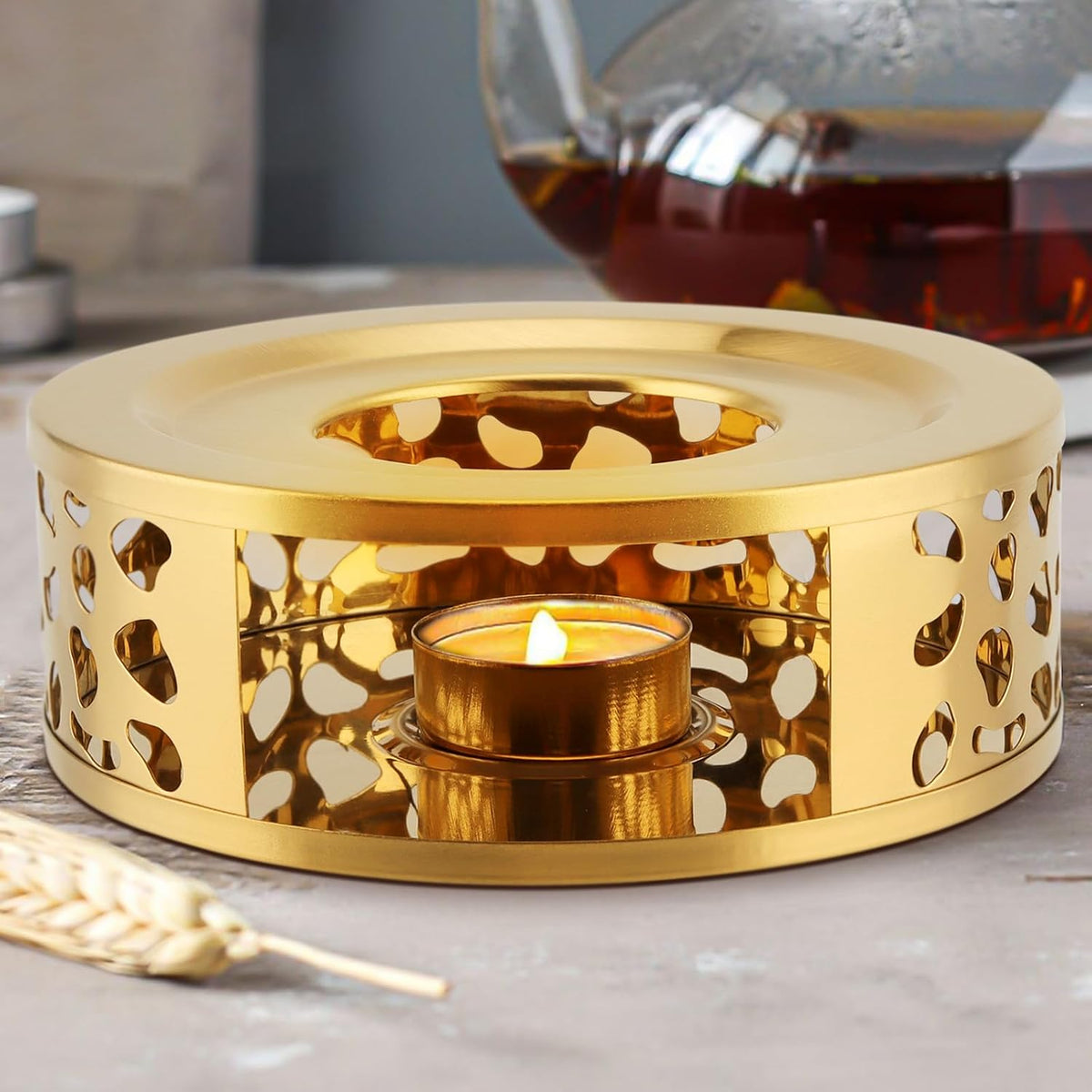 2 PCS Metal Teapot Warmer Base, Stainless Steel Teapot Warmer with Tealight Holder for Glass Or Ceramic Teapot, Gold