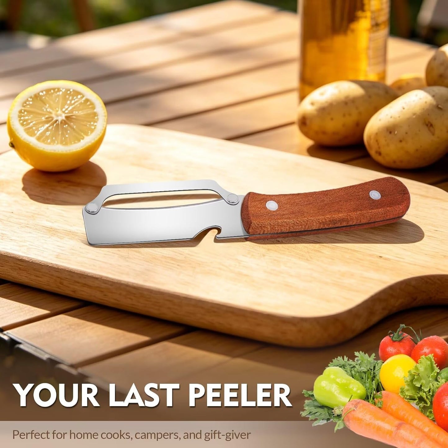 Multifunctional Vegetable Potato Peeler for Kitchen,Wooden-Handled Stainless Steel Sharp Peeler Knife with Built-In Bottle Opener for Veggie, Fruit, Potato, Carrot, Apple Ergo 1PCS