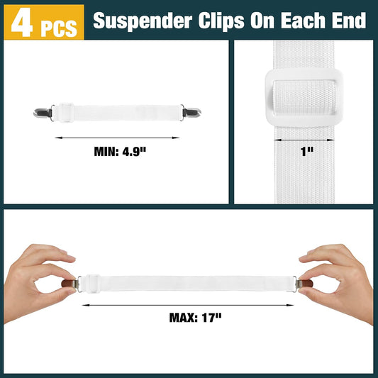 4 Pack Adjustable Elastic Straps with Metal Clips, Bed Sheet Fasteners, Bedding Suspenders for Mattress Covers, Bed Corner Holders and Keepers (White)