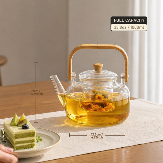 1000ml (33.8oz) Borosilicate Glass Teapot with Wooden Handle, Stovetop Safe Clear Tea Kettle with Removable Glass Infuser for Blooming Tea & Loose Leaf Tea