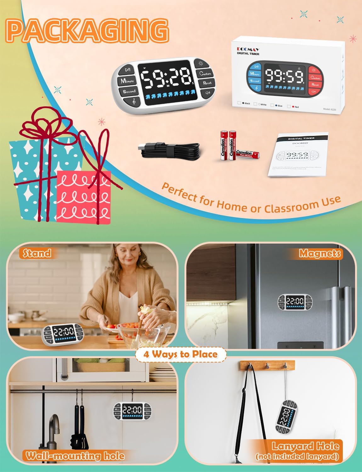 DOOMAY Magnetic Digital Kitchen Timer for Classroom Countdown