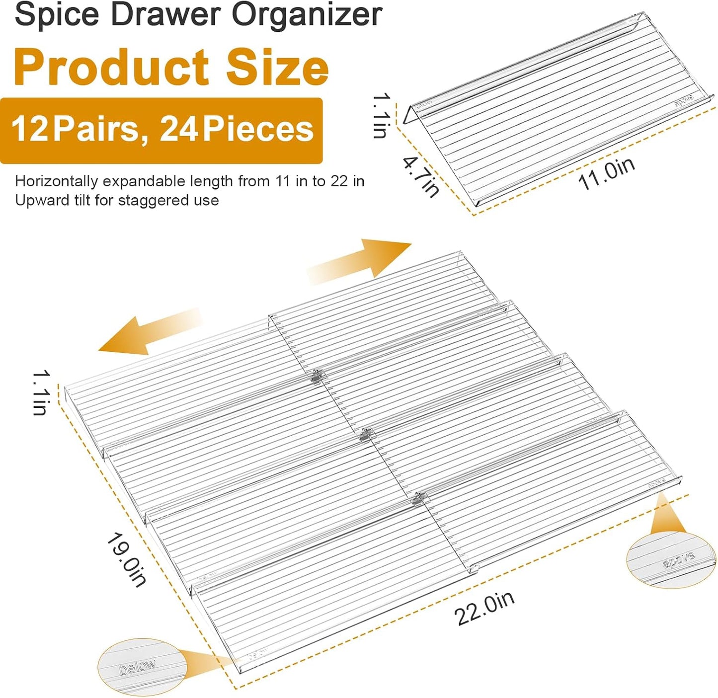 16 Pack Acrylic Drawer Seasoning Organizer, Expandable From 11''-22'' | Tiered Clear Spice Tray, Adjustable In Drawer Spice Organizer for Spices, Condiment, Nail Polish and Jar Organization