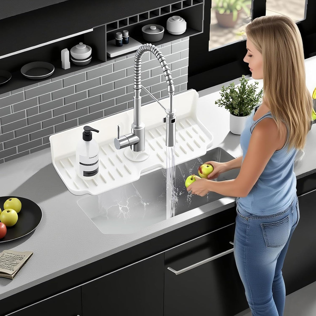 Sink Splash Guard Behind Faucet, Silicone Sink Faucet Drying Mat & Dish Soap Sponge Holder, 17" x 5.5" Silicone Kitchen Sink Auto Drain Organizer (Black)