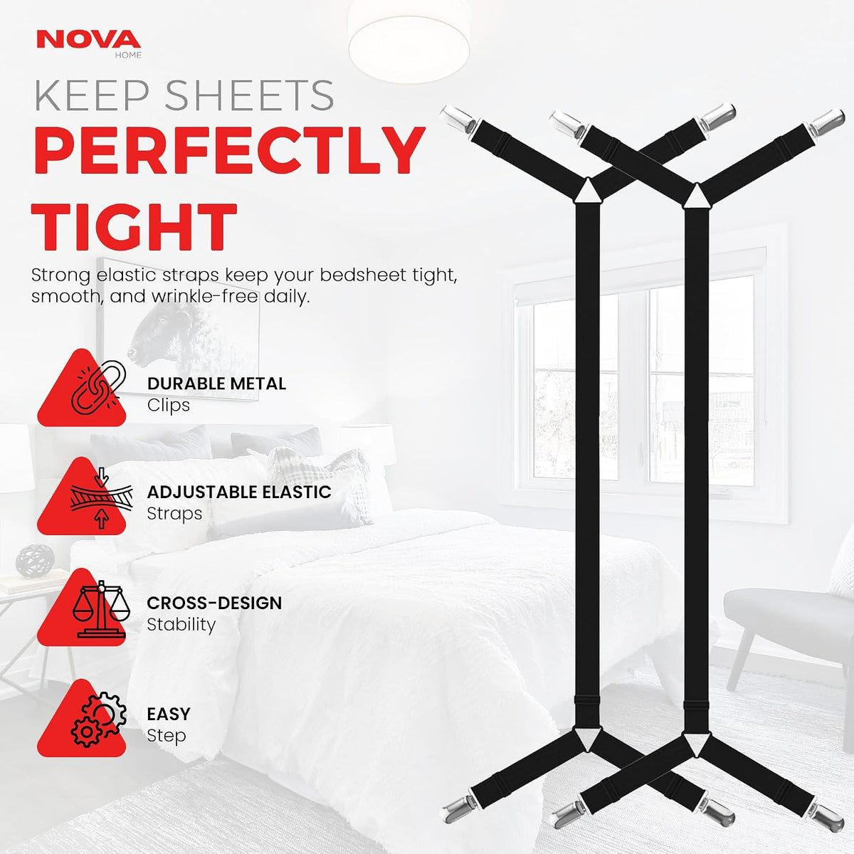 Bed Sheet Holder Straps, Adjustable Elastic, 2pcs Set, Black