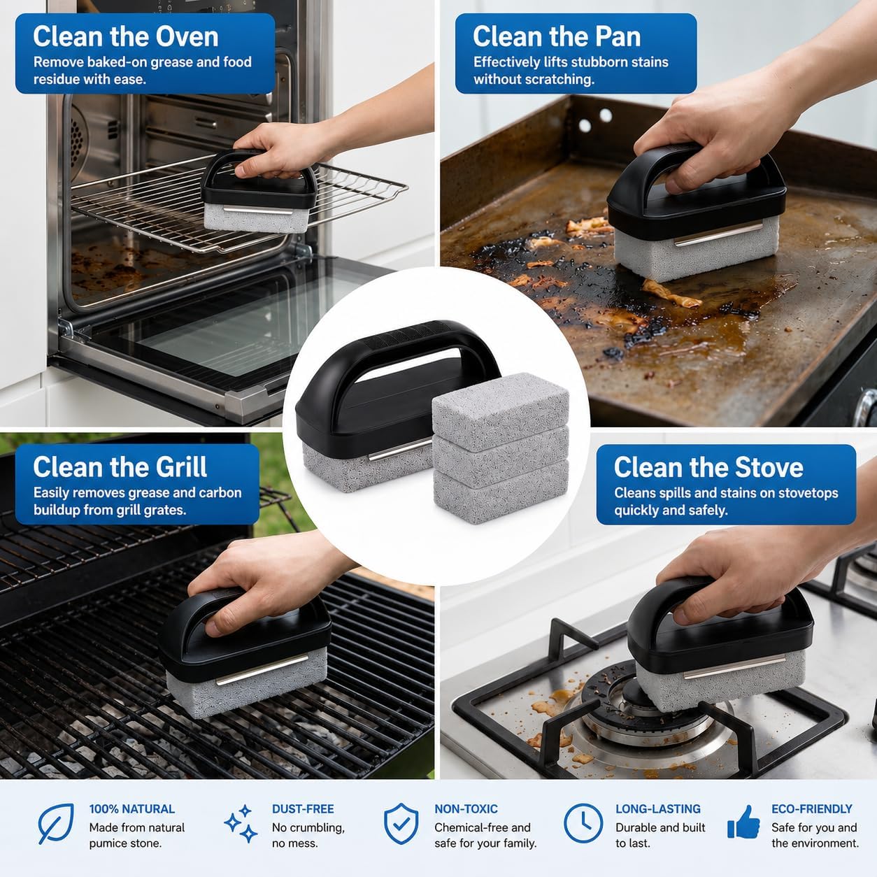 Pumice Stone with Handle for Blackstone Griddle, Grill Cleaning Brick for Burnt-On Grease, Flat Top Grill and Grates, Includes 1 Handle and 4 Stones