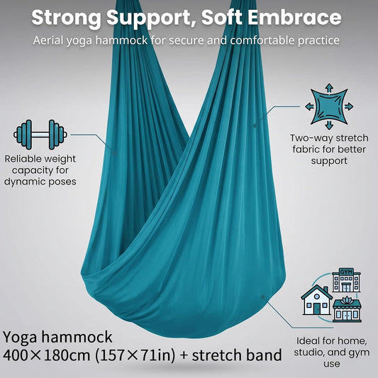 Blue-Green Gradient & Dark Green Aerial Yoga Hammock (400x180 cm / 157"x71"), Soft Silk Swing for Anti-Gravity Yoga, Inversion Therapy, Ideal for Strength, Flexibility Training and Stress Relief