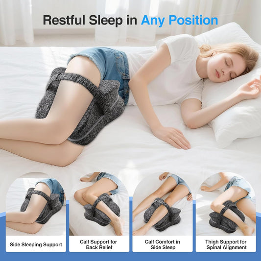 Memory Foam Knee Pillow for Side Sleeping, Hip & Back Pain Relief, White | Leg Positioning Pillow with Strap, Spinal Alignment Support, Sciatica Pain Relief Cushion, Orthopedic Sleeping Prop for Adult