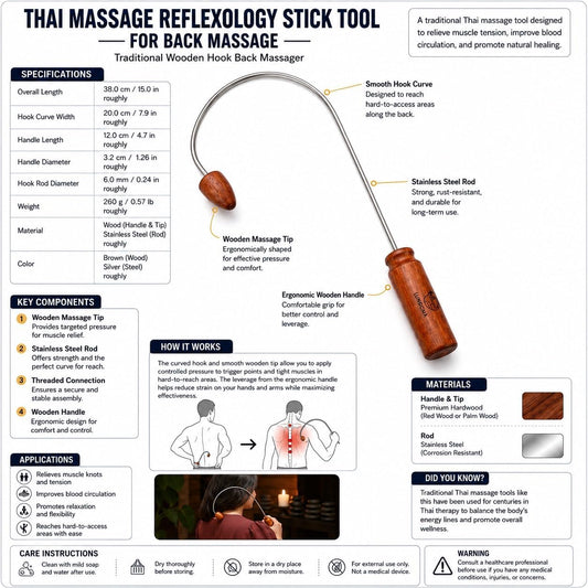 Traditional Thai Massage Reflexology Stick Tool for Back Massage (1 of Hook Curve Back)