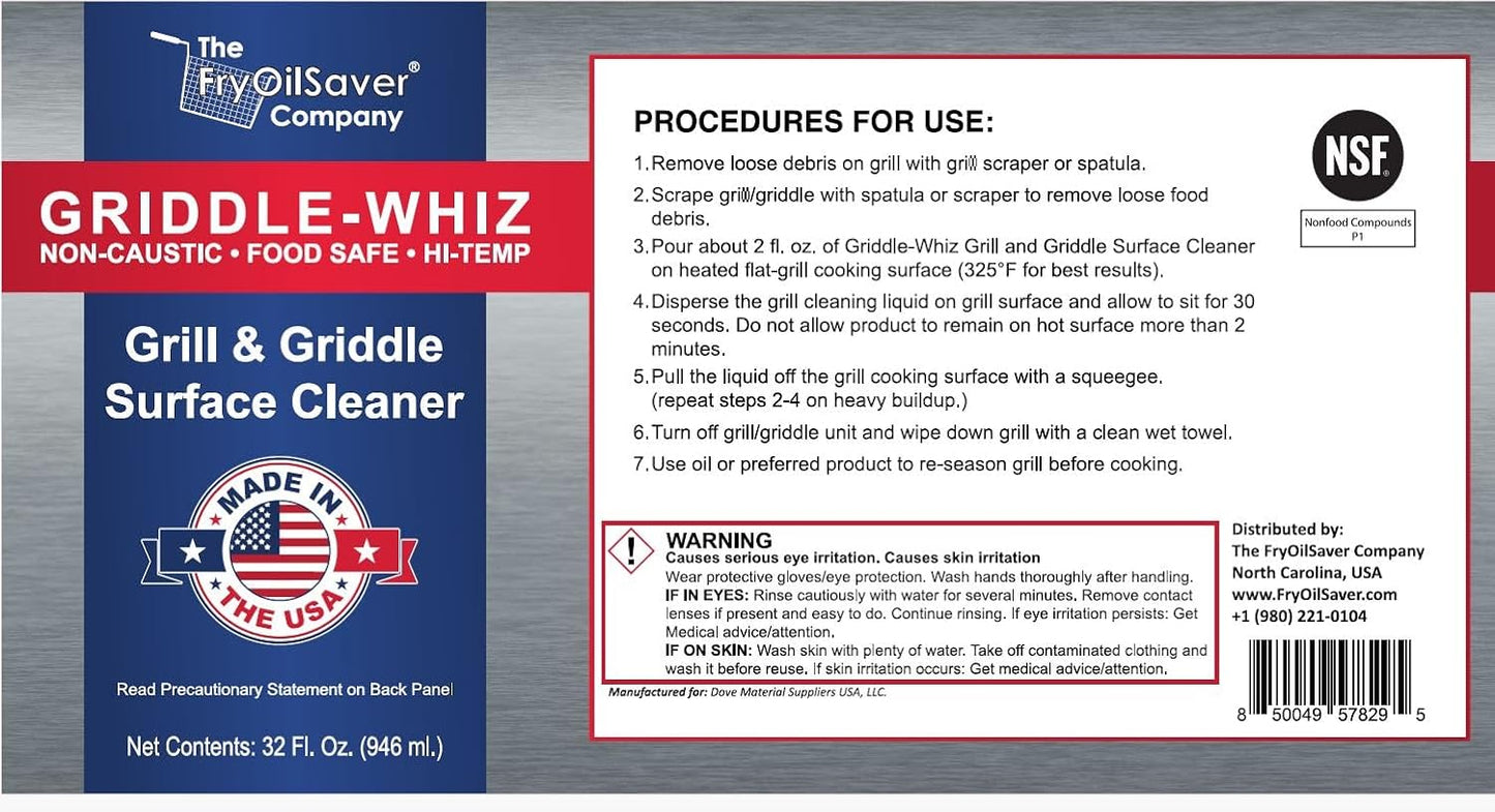 Griddle-Whiz Grill & Griddle Cleaner (4-Pack) | Removes Grease, Food Residue, Burnt On Organics | High Heat Flat Top Grill Cleaner, Food Contact Surface | Non-Caustic Formula by FryOilSaver (32oz)