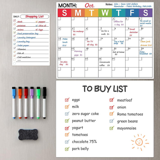 3 Pack Dry Erase Magnetic Calendar for Refrigerator - Monthly & Weekly & Daily Planner Magnet Whiteboard for Fridge Wall - Shopping, Meal/Menu, To Do List, Family Schedule Planning Board (10HB-RIZH3)