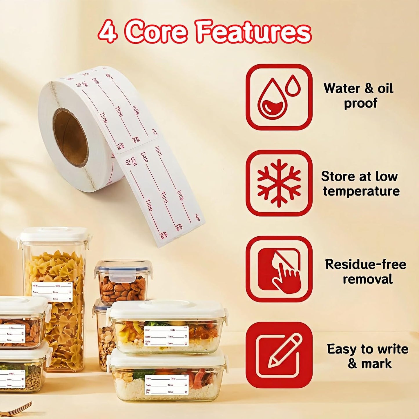 Food Storage Labels, 500 Per Roll, 1.97x0.98 Inch, Waterproof and Oil-Proof, Writable Date Stickers for Kitchen, Restaurant, Freezer Containers