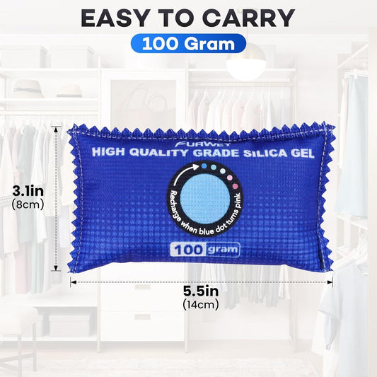 FURWEY 6 Pack Rechargeable Desiccant Packs for Storage, 100g Each, Blue | Color Indicating Silica Gel Desiccant Packets, Moisture absorbers for Storage,Dehumidifier bag for Closets,Cars,Storage Bins