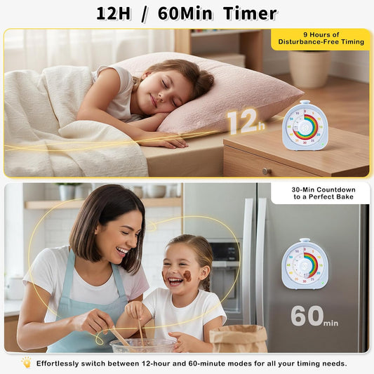 Visual Timer for Kids and Adults 60 Min/12 Hour Rechargeable Countdown Timer with Magnetic Sticker and Mute Function Kids Pomodoro Timers for Classroom Office Kitchen Silent Operation & Rainbow Disk