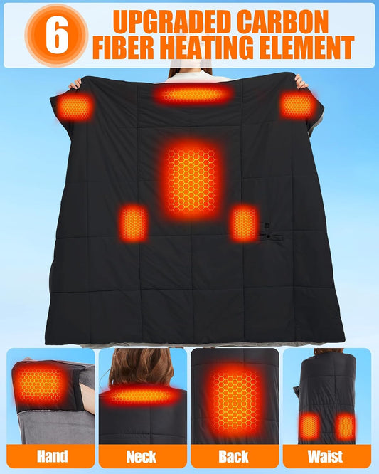 20000mAh Large Heated Blanket Battery Powered, 7.4V Battery Portable Cordless Throw Electric Rechargeable Heating Blankets (Black+20000mAh Battery, 63x55in Adult Size)