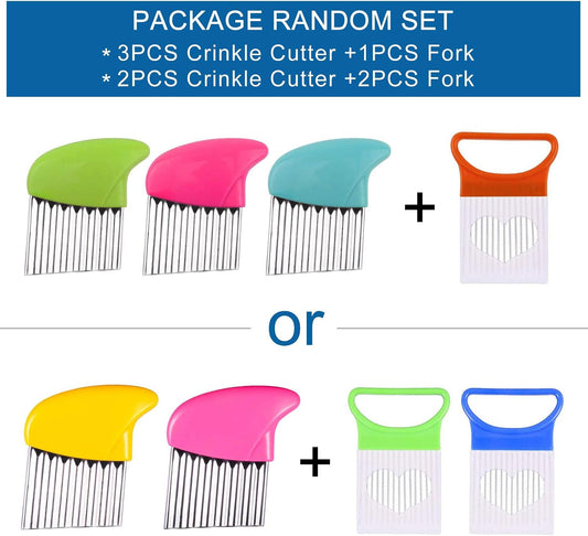 Crinkle Cut Knife set, 1 Fork Slicing Helper 3 Stainless Steel Crinkle Cutter, Fruit And Vegetable Wavy Chopper Knife, Potato Cutter Onion Cutter Fren
