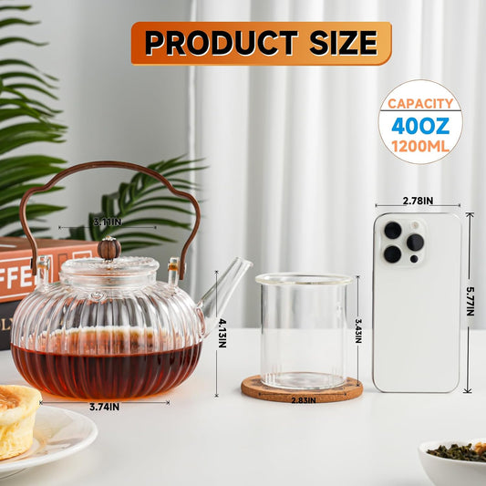 40OZ/1200ML Glass Pumpkin Teapot with Removable Infuser & Lid, Stovetop & Microwave Safe Clear Borosilicate Glass Tea Maker Water Kettle for Loose Leaf Blooming Tea