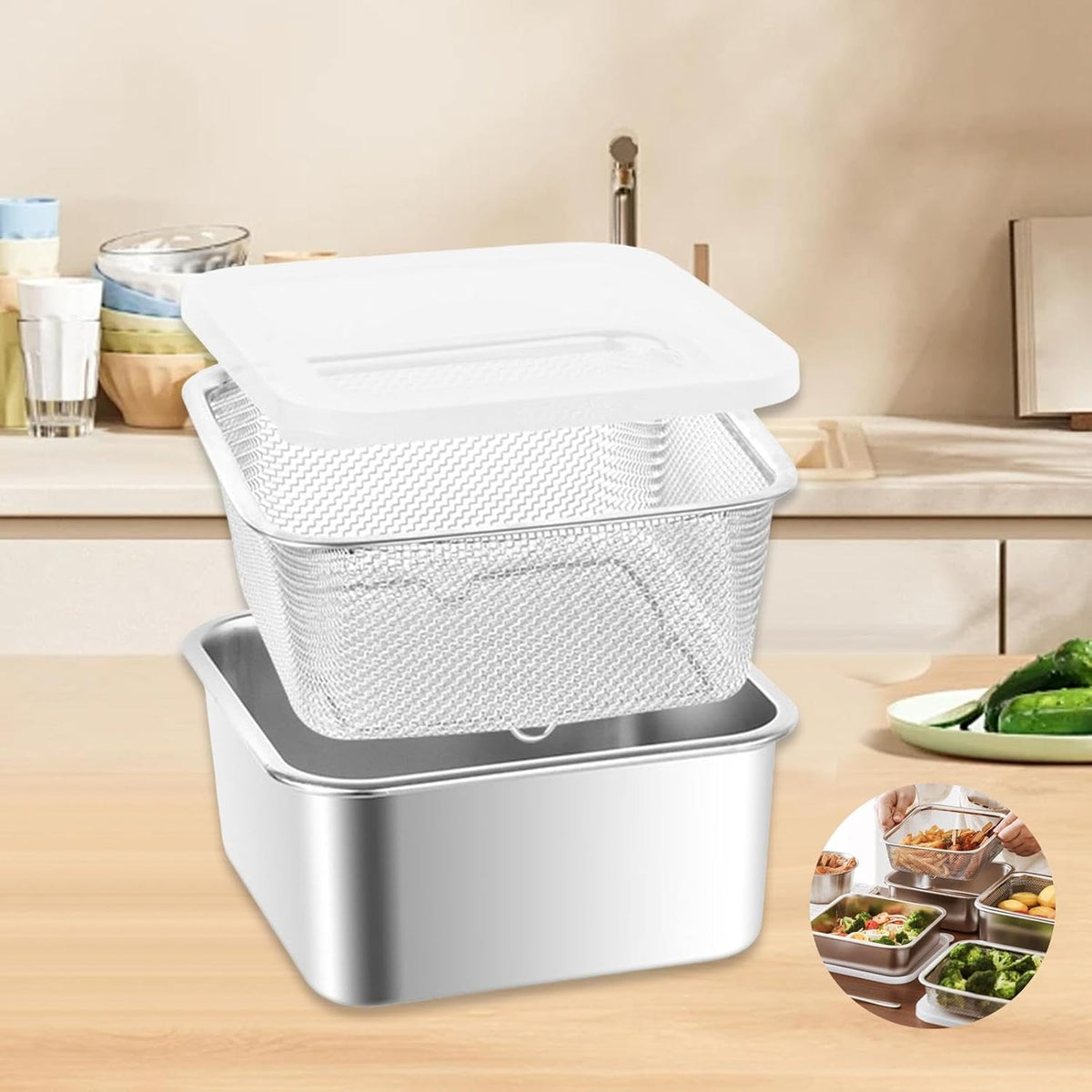 Stainless Steel Food Container with Strainer Colander Set Fridge Organizer Bin Multifunctional Kitchen Drain Basket for Lettuce Fruits, Vegetables, 1500ml