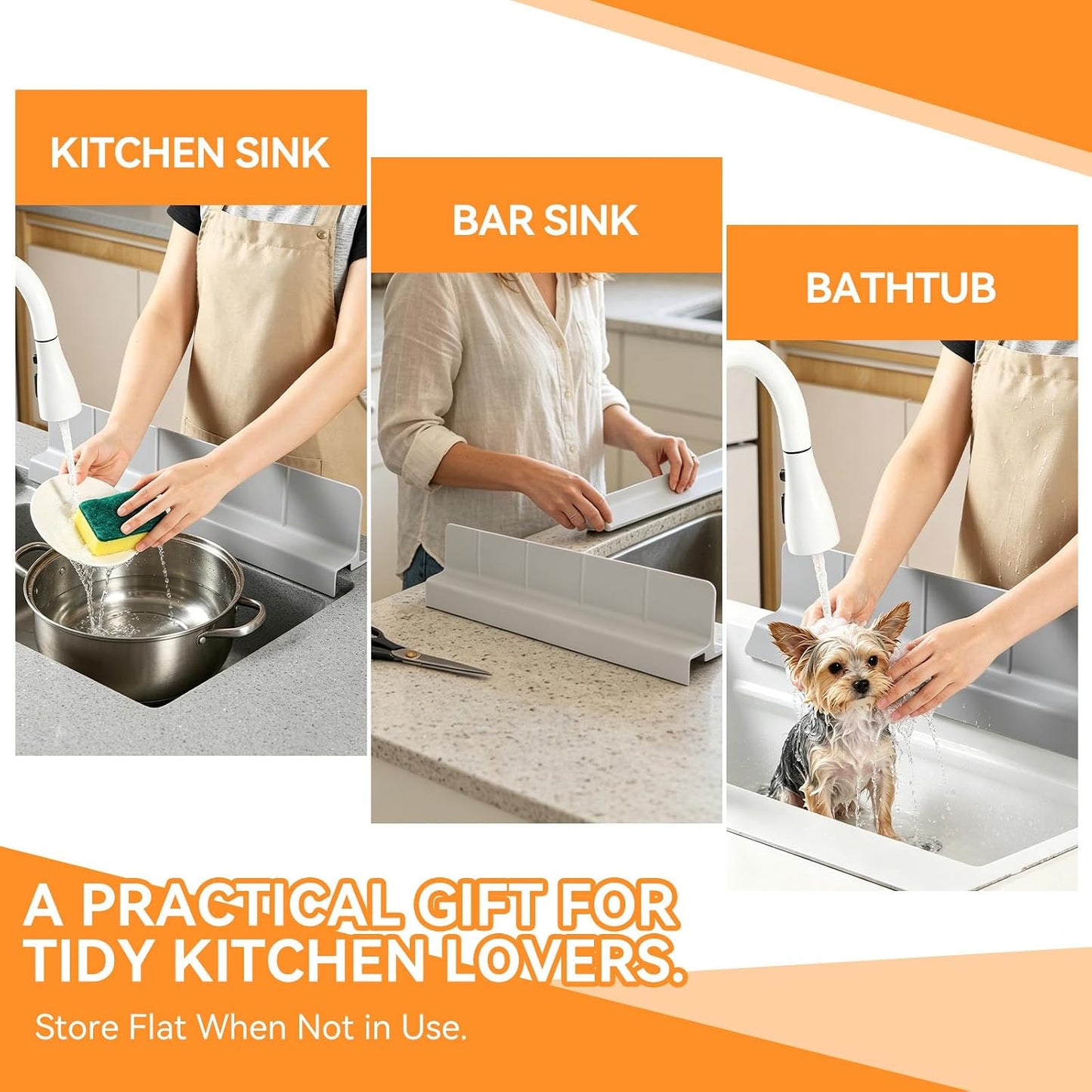 Silicone Splash Guard for Kitchen Sink, Self Draining Water Mat | Tall 3.5" Splash Wall , 22.8" Trimmable Design , 7 Strong Suction Cups , Dishwasher Safe , Flexible Water Barrier