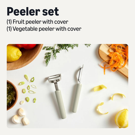 Amazon Basics Vegetable and Potato Peelers with Ultra-Sharp Stainless Steel Swivel Blades, Non-Slip Soft-Touch Handle, Protective Covers, 2-Piece Set, Dishwasher-Safe, Linen Gray
