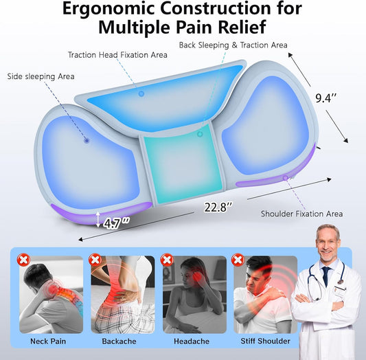 Cervical Neck Roll Pillow, Say Goodbye to Neck Pain, Travel Neck Support Pillow for Side Sleepers, Ergonomic Memory Foam Camping Pillow, Cervical Traction Device with Storage Bag (Blue)