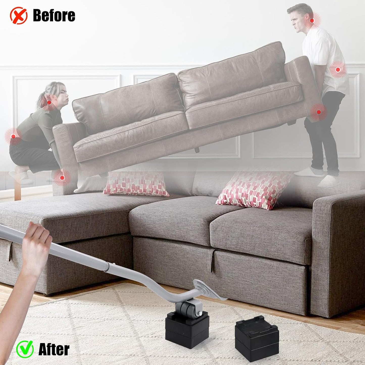 22" Furniture Lifter Tool, Appliance Metal Lifter for Heavy Furniture Grey | 1 Lifter Tool, 4 Raise Blocks, Movers, Sliders & Wheels to Move Sofa, Refrigerator, Washing Machine Easily & Safely