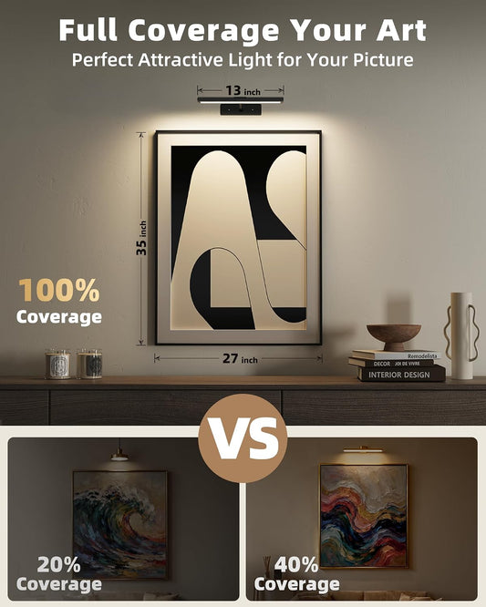 EZVALO Picture Light for Wall, 4800mAh Rechargeable Wireless Gold Light with IR Remote, Dimmable Magnetic LED Art Display Light with 3 Color Temperatures, for Gallery, Living Room, Bedroom(2Pack)